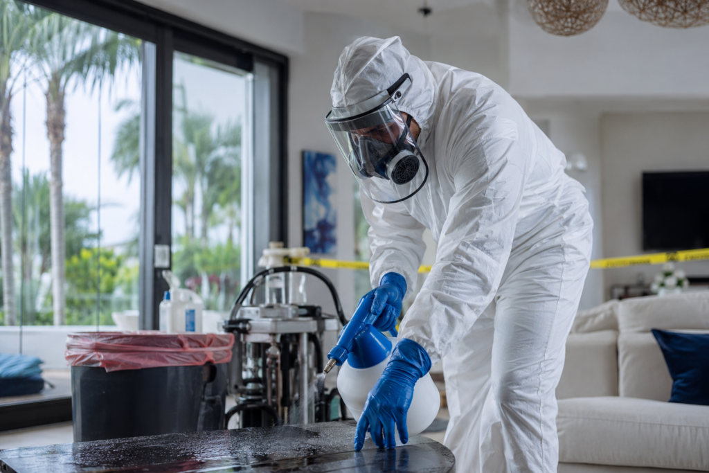 Biohazard cleanup technician wearing a white hazmat suit, respirator, gloves, and face shield disinfecting a modern Miami home living room with sanitation equipment, biohazard waste containers, and tropical landscaping visible through large windows.