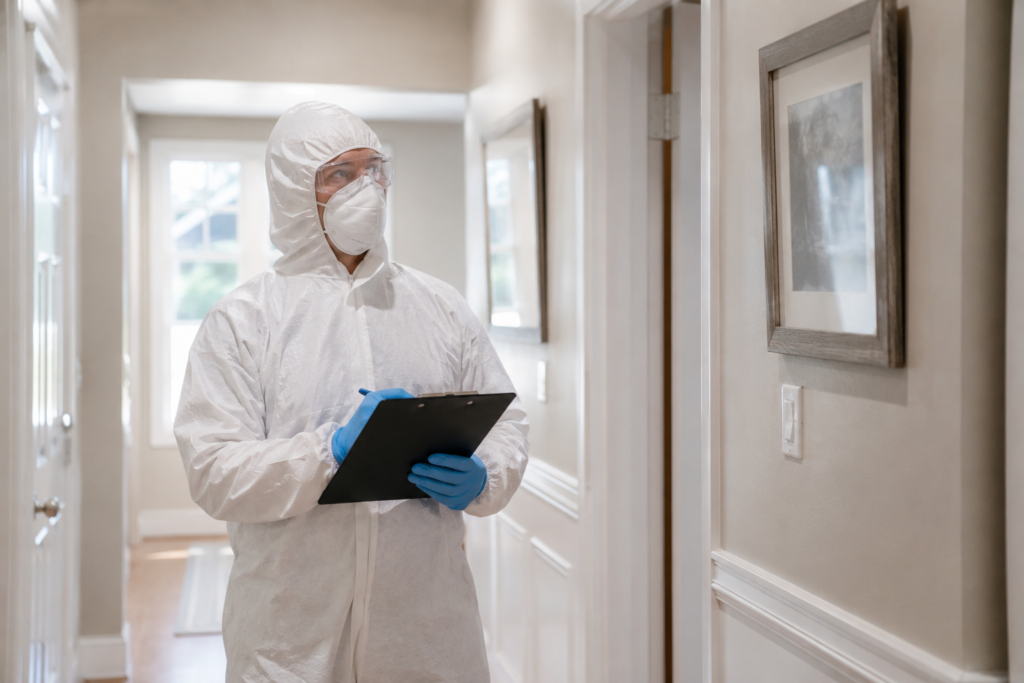 Professional biohazard cleanup technician wearing a full white PPE suit, N95 respirator, gloves, and safety goggles while holding a clipboard and assessing a clean residential hallway with natural window light.